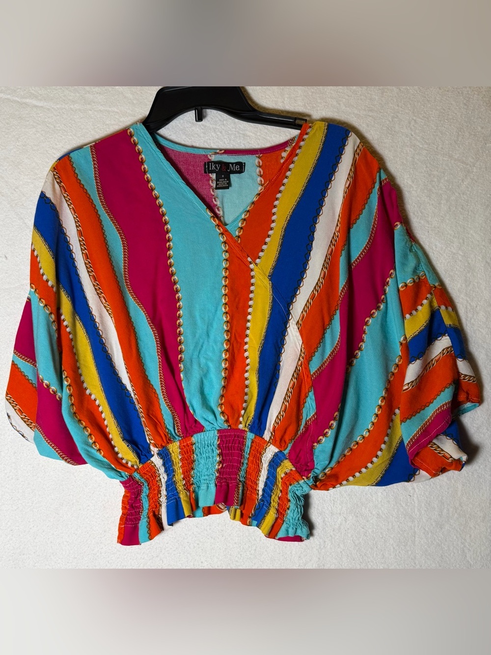 Iky & Me Women's Multicolor Striped V-Neck Smocked Cropped Kimono Blouse M
